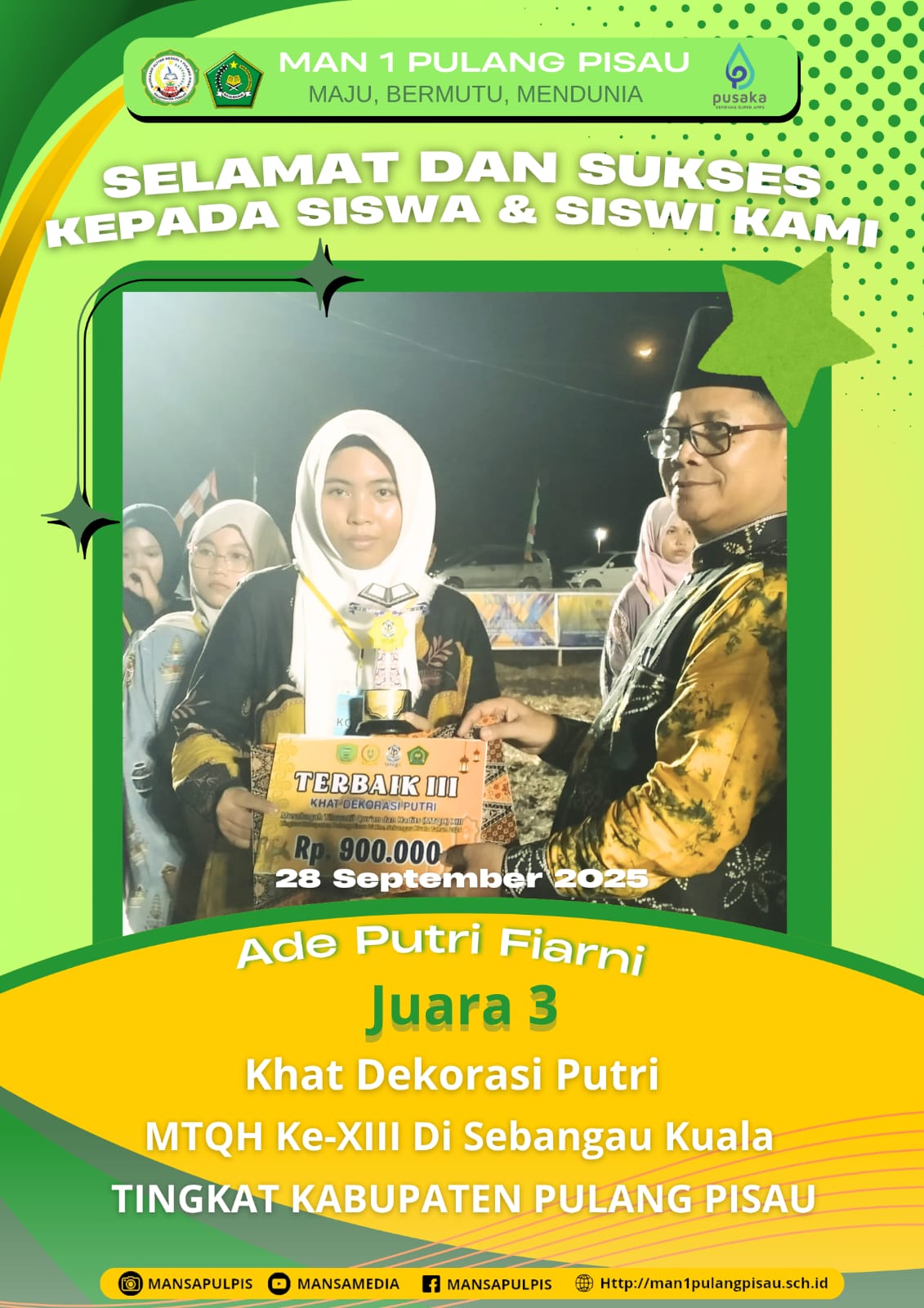 SISWI MAN 1 PULANG PISAU PLUS KETERAMPILAN MERAIH JUARA 3 DALAM MTQH KE-XIII TINGKAT KABUPATEN PULANG PISAU TAHUN 2025